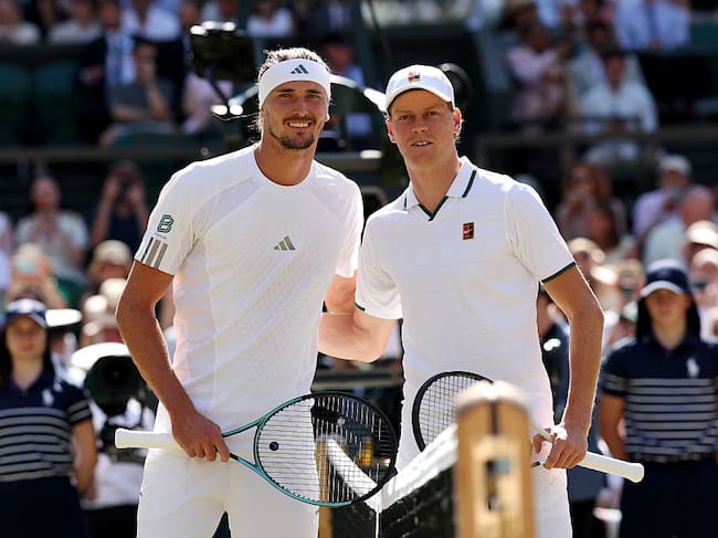 LONDON, ENGLAND - JULY 12: Alexander Zverev of Germany and Jannik Sinner of Italy pose for a photo ahead of their Gentlemen's Singles final match on day fourteen of The Championships Wimbledon 2026 at All England Lawn Tennis and Croquet Club on July 12, 2026 in London, England. (Photo by Clive Brunskill/Getty Images)