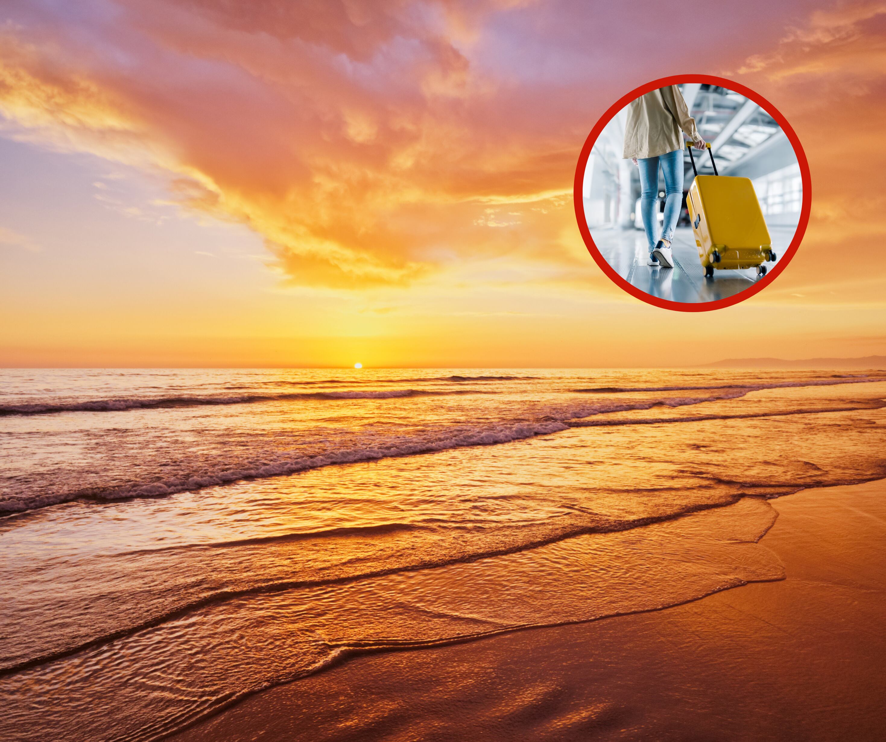 Atardecer en la playa y una mujer sosteniendo un equipaje (Fotos vía Getty Images)