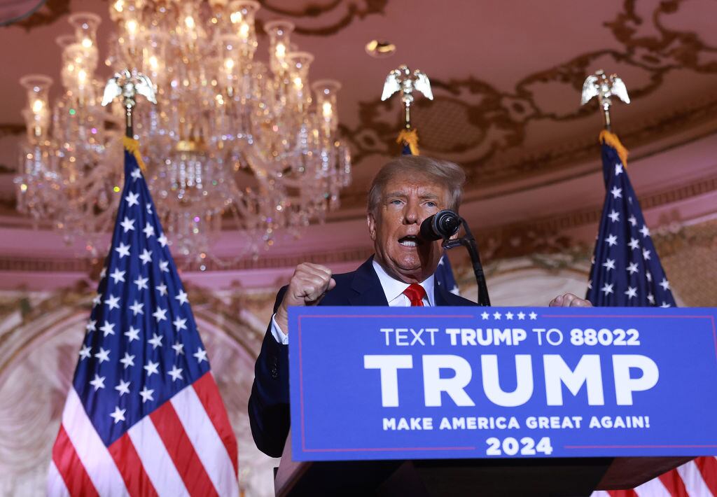 PALM BEACH, FLORIDA - NOVEMBER 15: Former U.S. President Donald Trump speaks during an event at his Mar-a-Lago home on November 15, 2022 in Palm Beach, Florida. Trump announced that he was seeking another term in office and officially launched his 2024 presidential campaign.  (Photo by Joe Raedle/Getty Images)