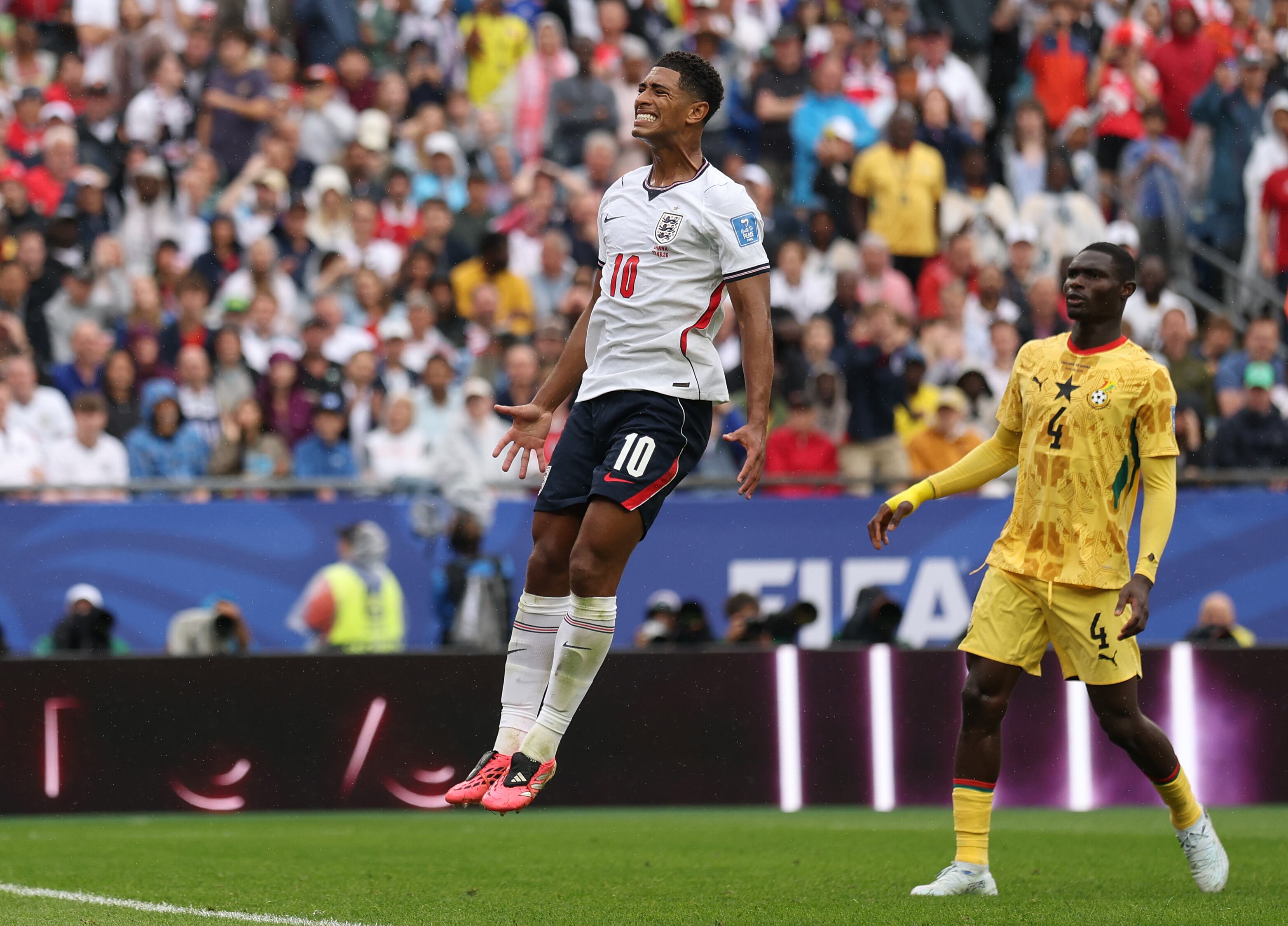 FOXBOROUGH, MASSACHUSETTS - JUNE 23: Jude Bellingham #10 of England reacts during the FIFA World Cup 2026 Group L match between England and Ghana at Boston Stadium on June 23, 2026 in Foxborough, Massachusetts. (Photo by Maddie Meyer - FIFA/FIFA via Getty Images)