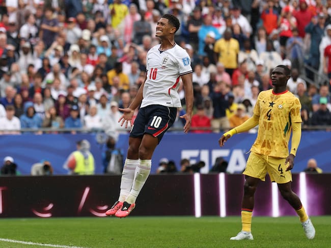 FOXBOROUGH, MASSACHUSETTS - JUNE 23: Jude Bellingham #10 of England reacts during the FIFA World Cup 2026 Group L match between England and Ghana at Boston Stadium on June 23, 2026 in Foxborough, Massachusetts. (Photo by Maddie Meyer - FIFA/FIFA via Getty Images)