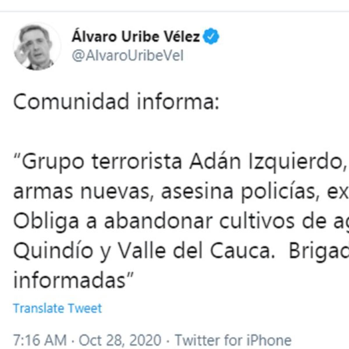 Polémica, trino del expresidente Uribe sobre disidencias de Farc en Quindío