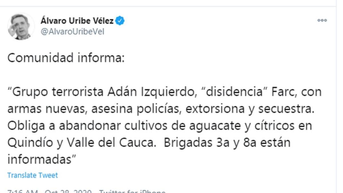 Polémica, trino del expresidente Uribe sobre disidencias de Farc en Quindío