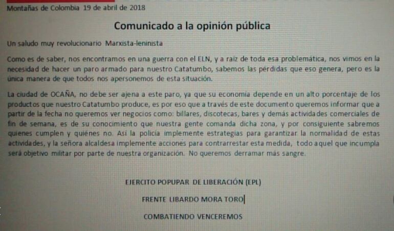 Con este panfleto advierten restricciones comerciales y de movilidad en Ocaña
