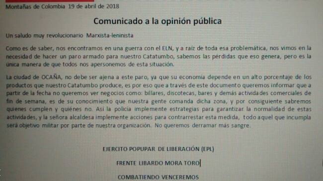Con este panfleto advierten restricciones comerciales y de movilidad en Ocaña