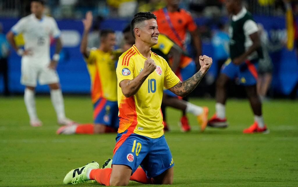 Colombia's midfielder #10 James Rodriguez celebrates his team's win of the Conmebol 2024 Copa America tournament semi-final football match between Uruguay and Colombia at Bank of America Stadium, in Charlotte, North Caroline on July 10, 2024. (Photo by TIMOTHY A. CLARY / AFP) (Photo by TIMOTHY A. CLARY/AFP via Getty Images)