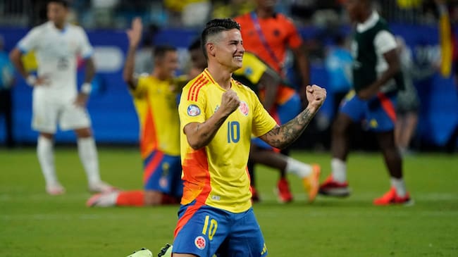 Colombia's midfielder #10 James Rodriguez celebrates his team's win of the Conmebol 2024 Copa America tournament semi-final football match between Uruguay and Colombia at Bank of America Stadium, in Charlotte, North Caroline on July 10, 2024. (Photo by TIMOTHY A. CLARY / AFP) (Photo by TIMOTHY A. CLARY/AFP via Getty Images)