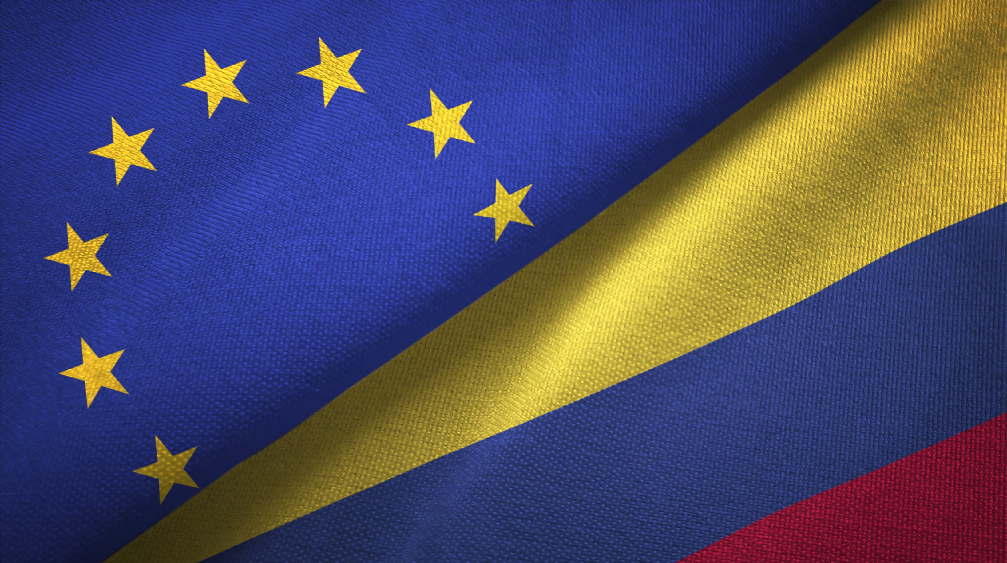 Colombia and European Union flag together realtions textile cloth fabric texture