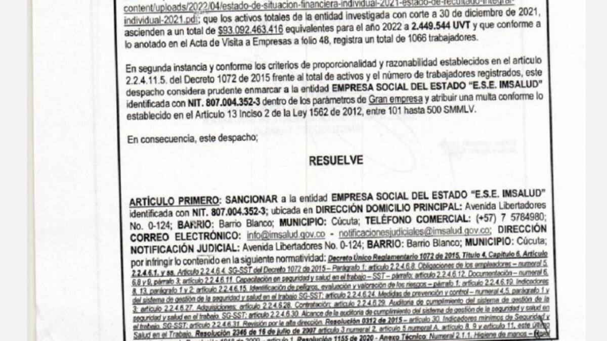 Mintrabajo sancionó a Imsalud en Cúcuta
