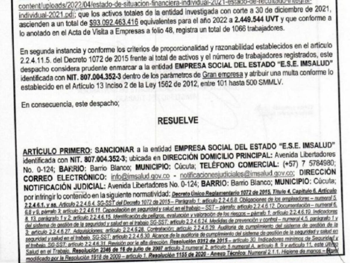 Mintrabajo sancionó a Imsalud en Cúcuta