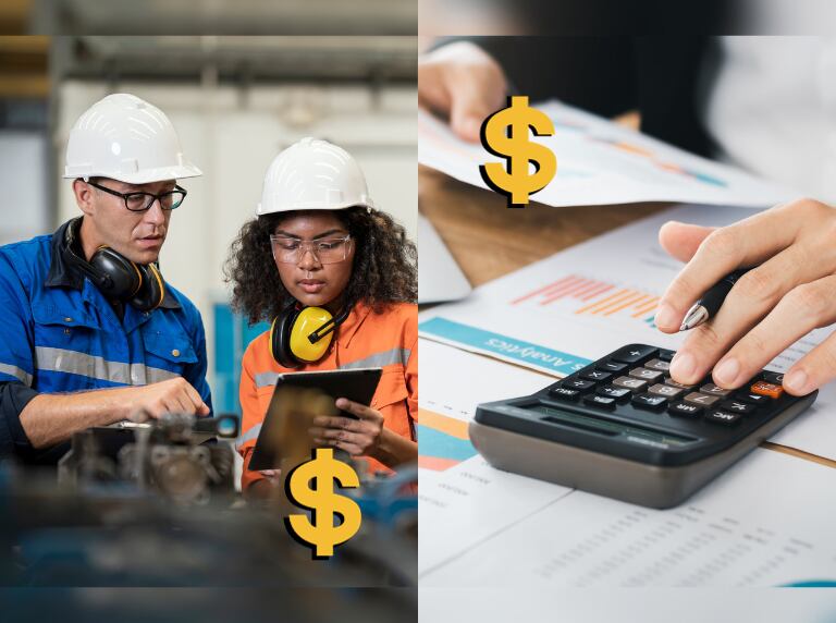 Hombre y mujer revisando un proceso técnico / Hombre haciendo cálculos, sobre hojas con gráficos / Signo pesos (Getty Images)