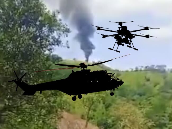 Helicóptero de la Policía Nacional cayó en Amalfi, Antioquia (Foto: Tomada de video difundido en redes sociales); Helocóptero y dron , imágenes de referencia (Getty Images).