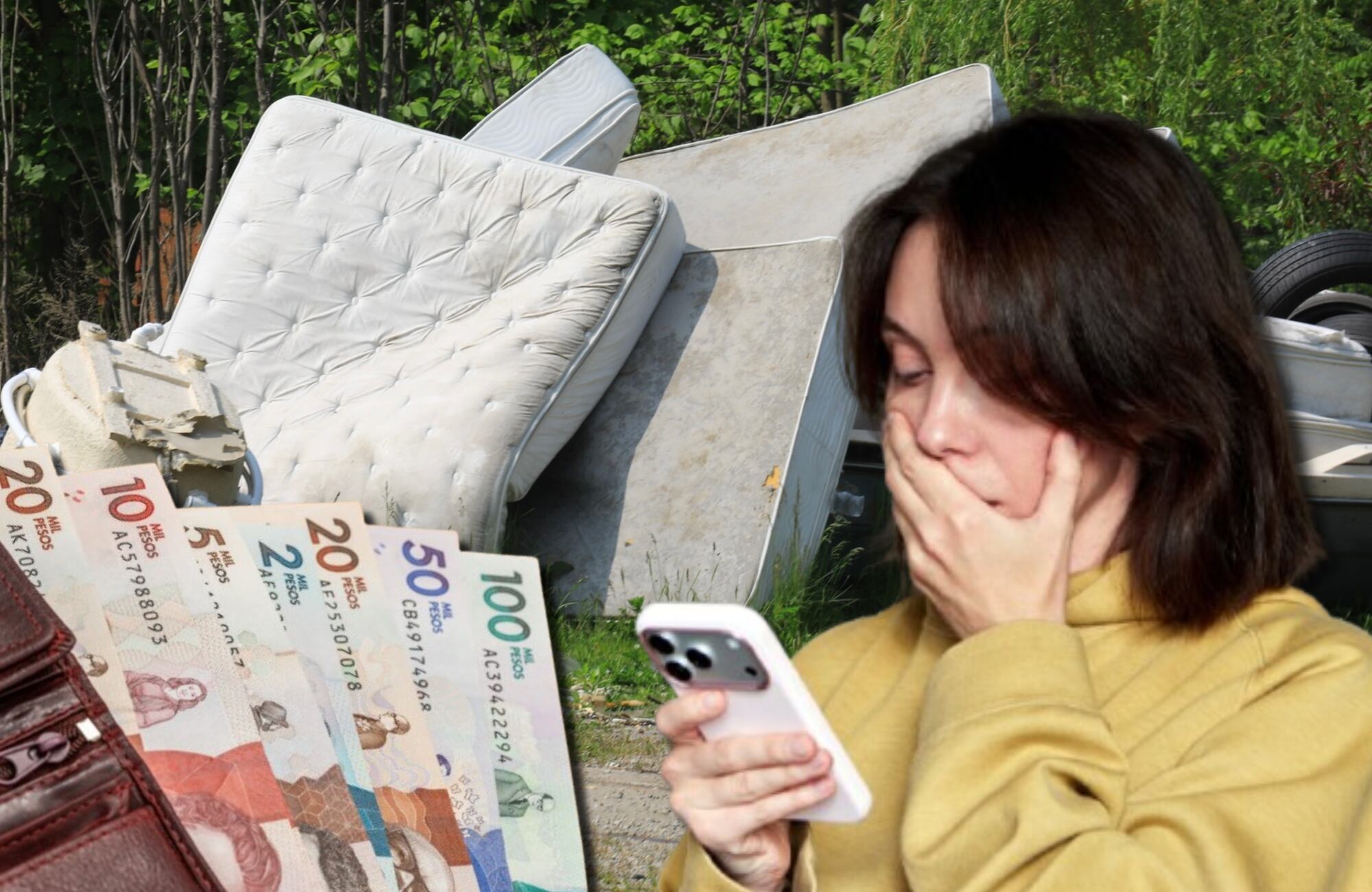 Imágenes de referencia de dinero Colombia, escombros y persona con preocupación. Fotos: Getty Images