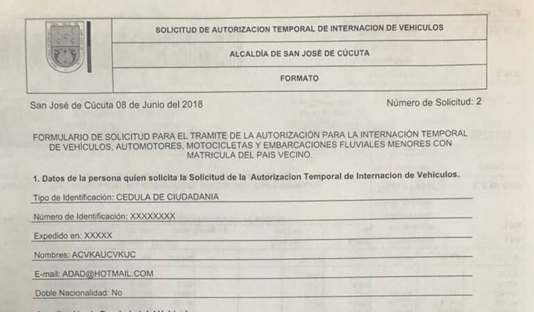 Formulario para el trámite de internación.