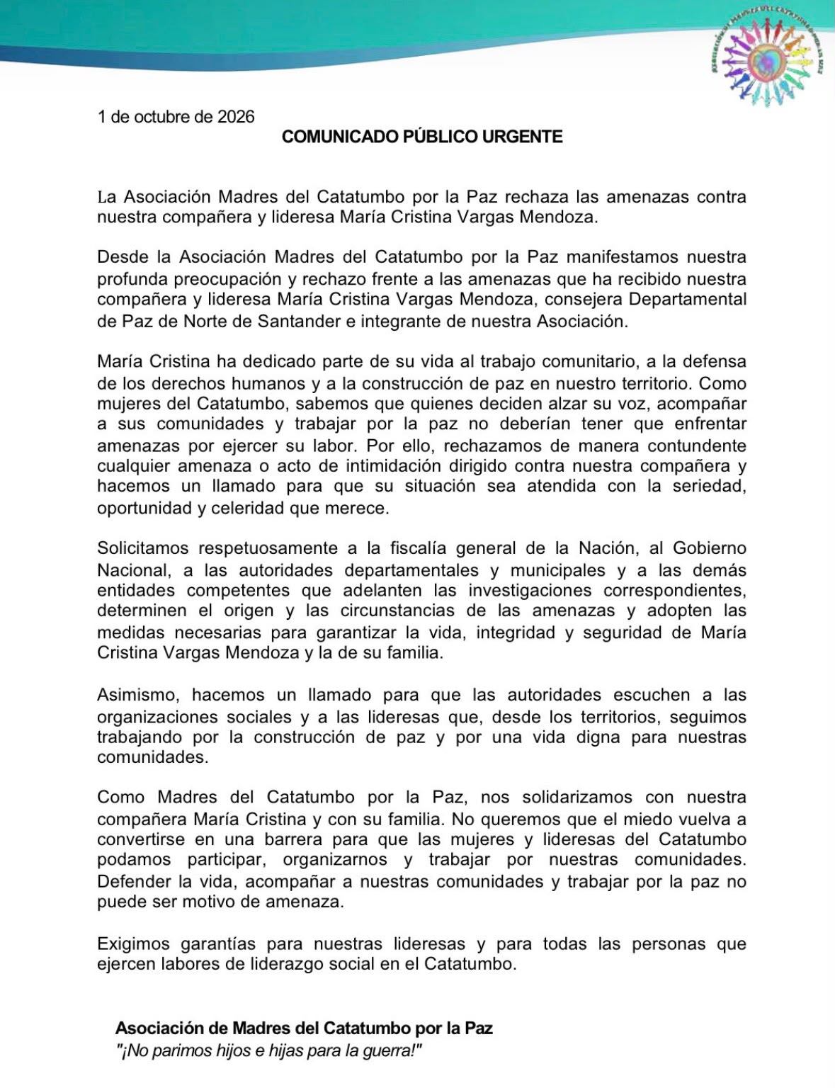 Comunicado Madres del Catatumbo por la Paz.