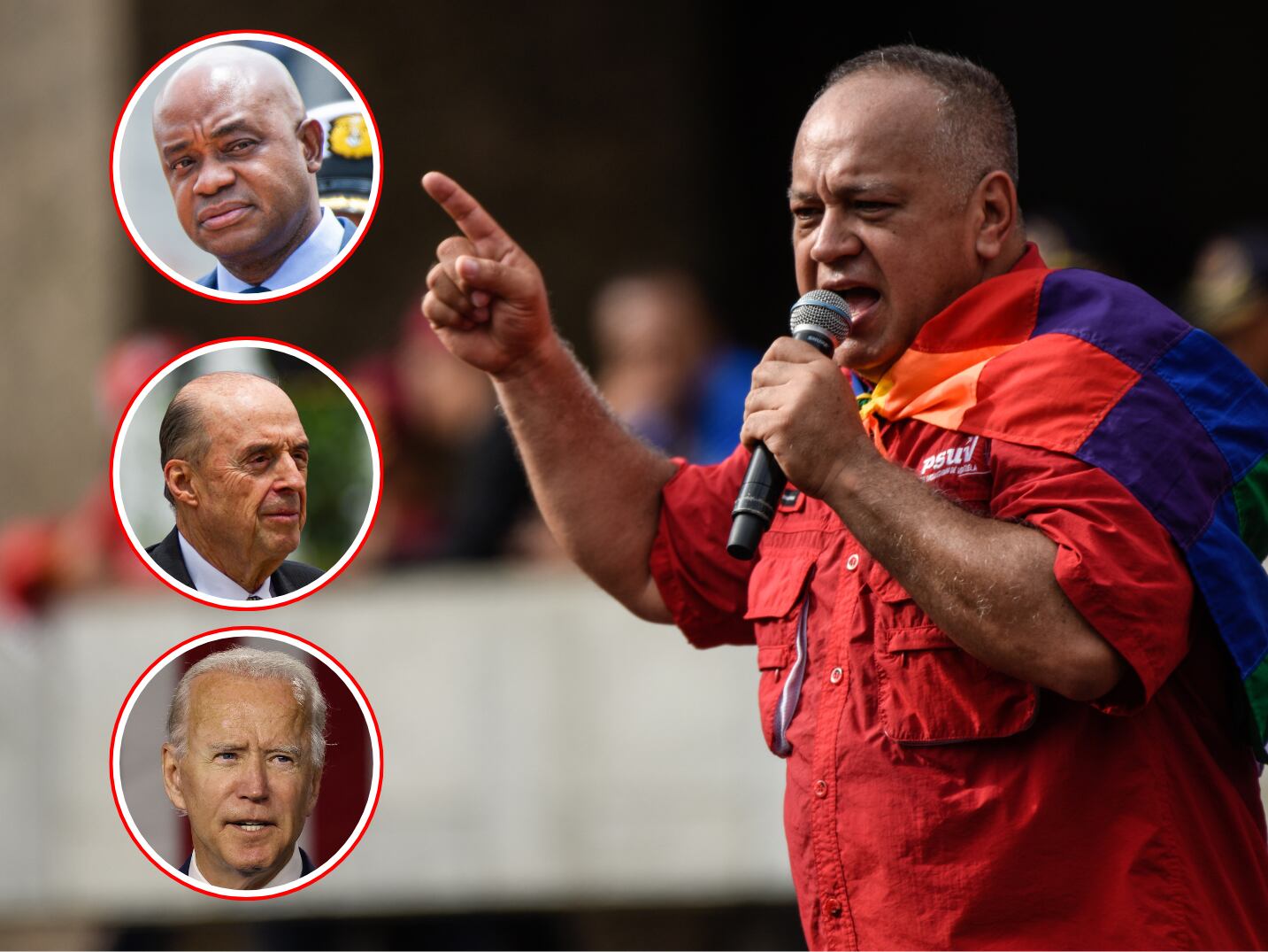 El número dos del chavismo, Diosdado Cabello. En los círculos de arriba hacia abajo: Luis Gilberto Murillo (canciller encargado de Colombia), Álvaro Leyva (excanciller de Colombia) y Joe Biden (presidente de Estados Unidos).
(foto: Getty / Caracol Radio)