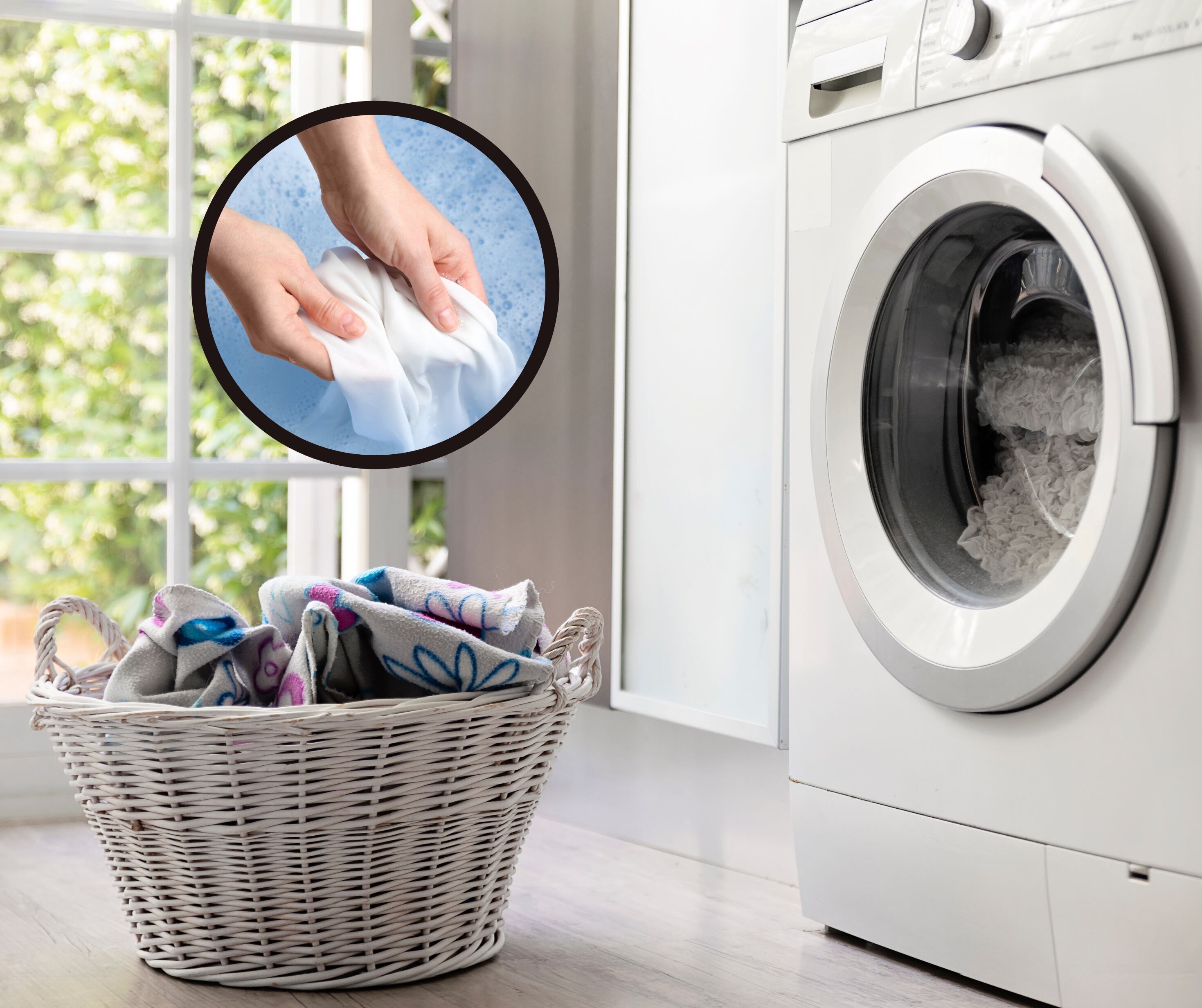 Canasta de ropa junto a una lavadora y alguien lavando a mano (Getty Images)