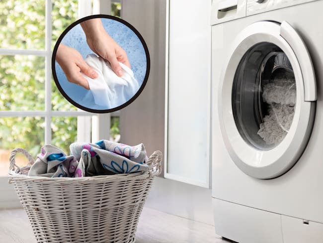 Canasta de ropa junto a una lavadora y alguien lavando a mano (Getty Images)