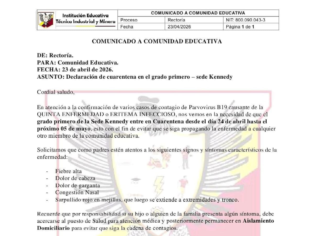 Cuarentena preventiva en colegio de Boyacá por casos de parvovirus en primaria