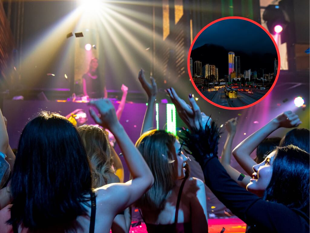 Personas durante una fiesta y de fondo un paisaje nocturno de Bogotá (Fotos vía Getty Images)