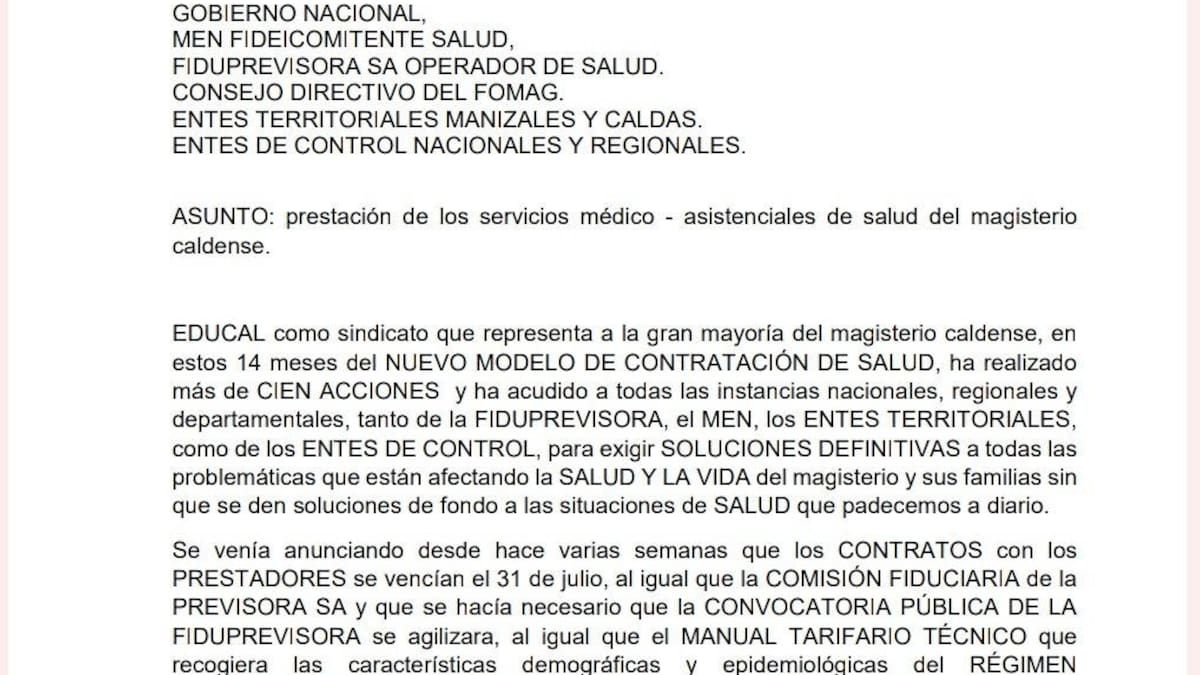 Docentes de Manizales envían carta al Gobierno Nacional exigiendo mejoras en su sistema de salud