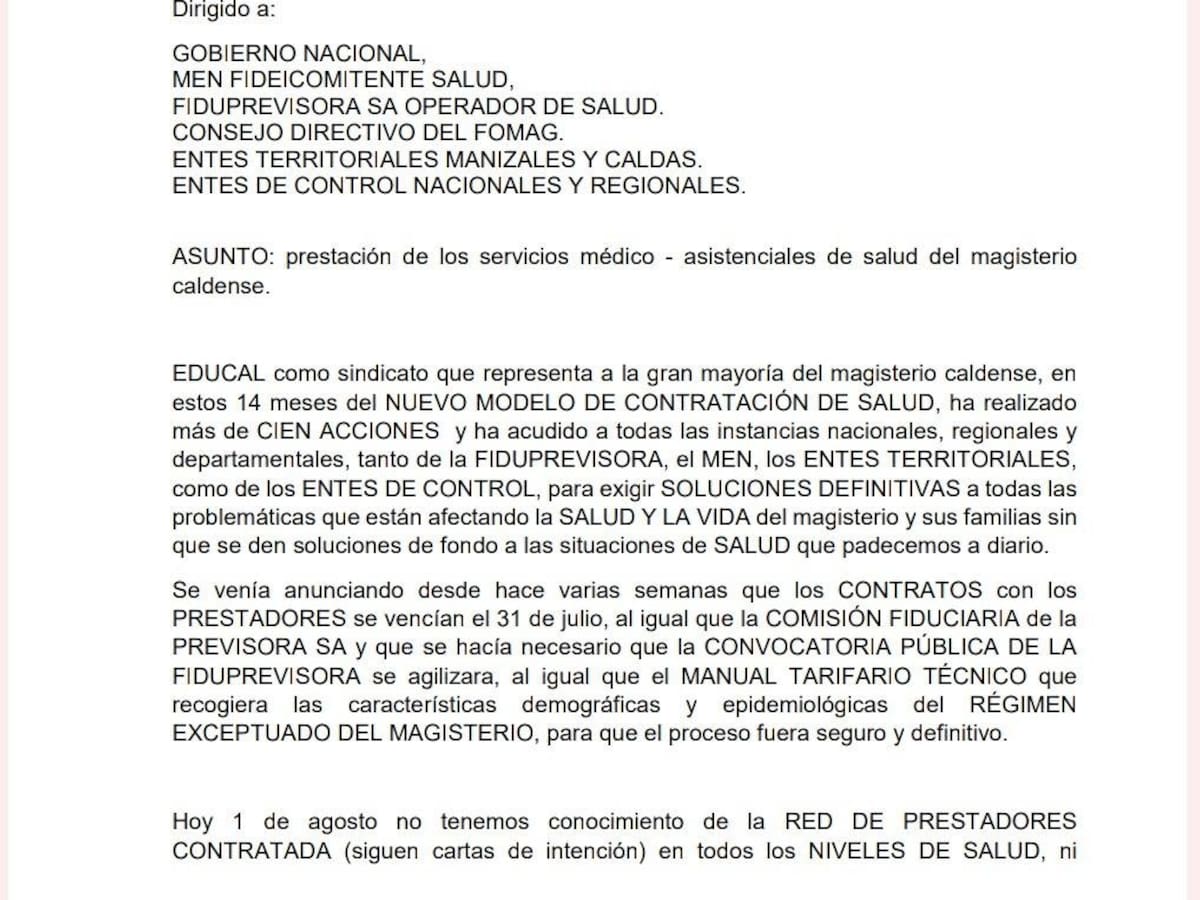 Docentes de Manizales envían carta al Gobierno Nacional exigiendo mejoras en su sistema de salud