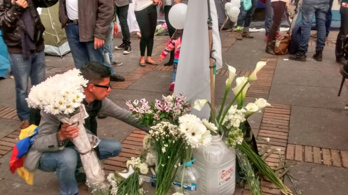 Un estudiante llegó a la plaza de Bolívar cargado de flores blancas para repartirlas entre los transeúntes como símbolo de semilla de paz. 