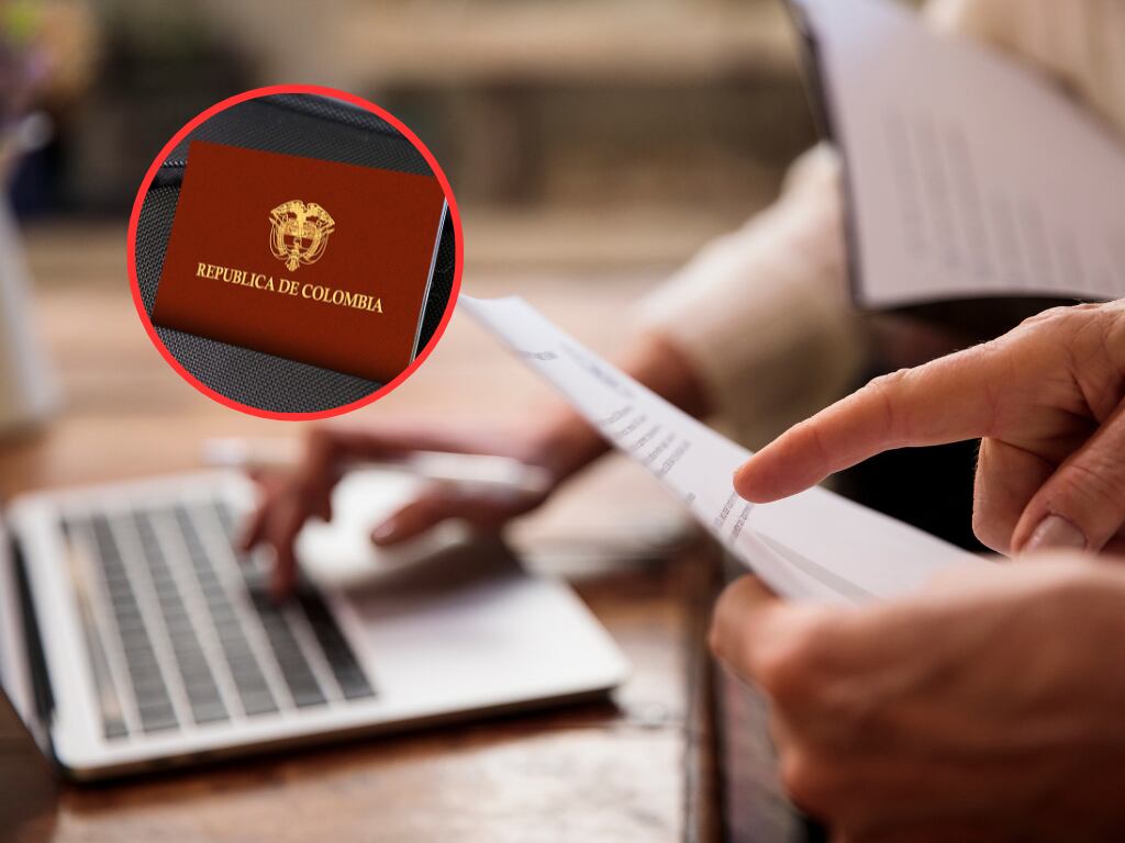 Persona haciendo un reclamo por un documento y de fondo un pasaporte colombiano (Fotos vía Getty Images)