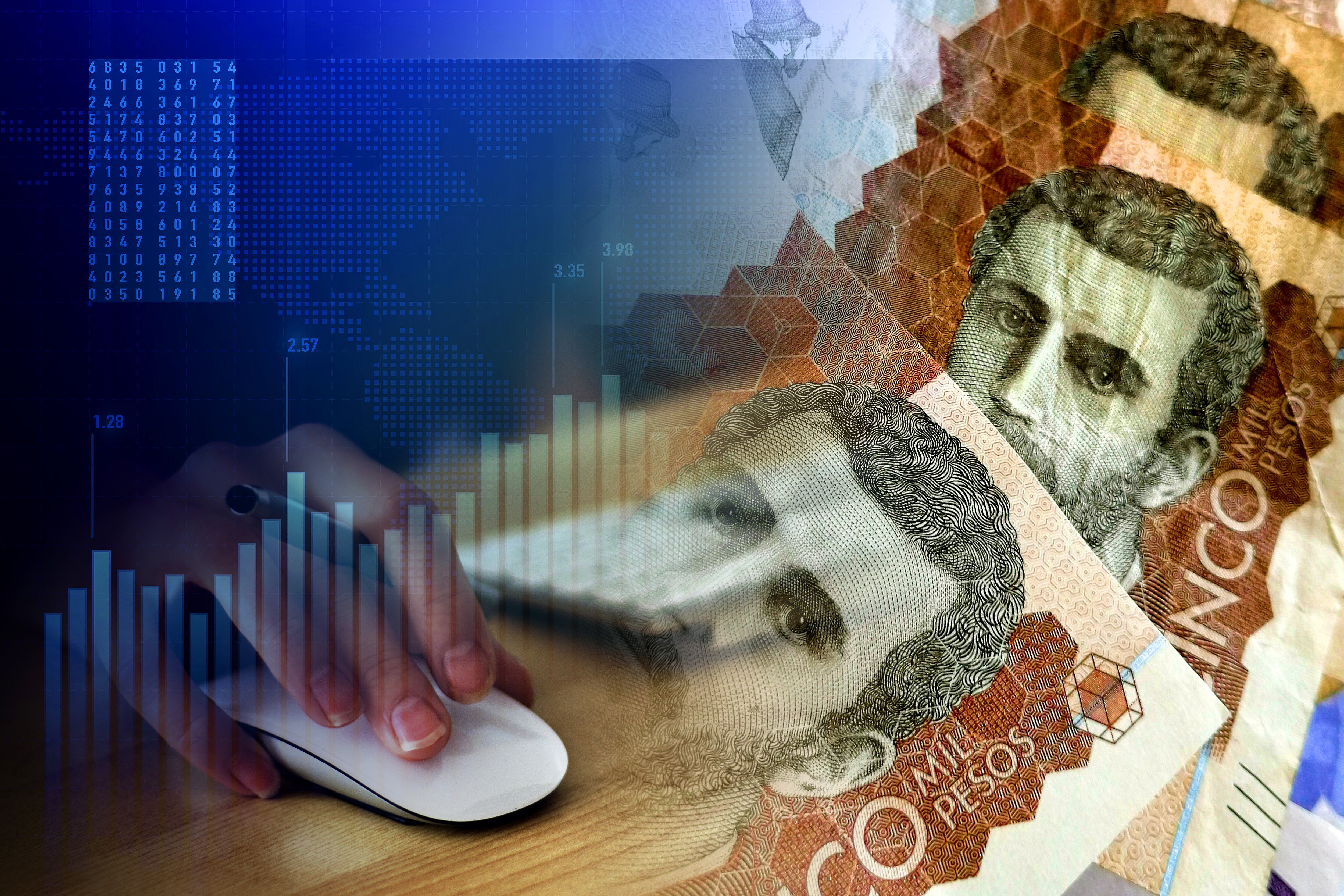 Ilustración de cifras, billetes de 5 mil colombianos y una persona navegando en el computador (Foto vía Getty Images)