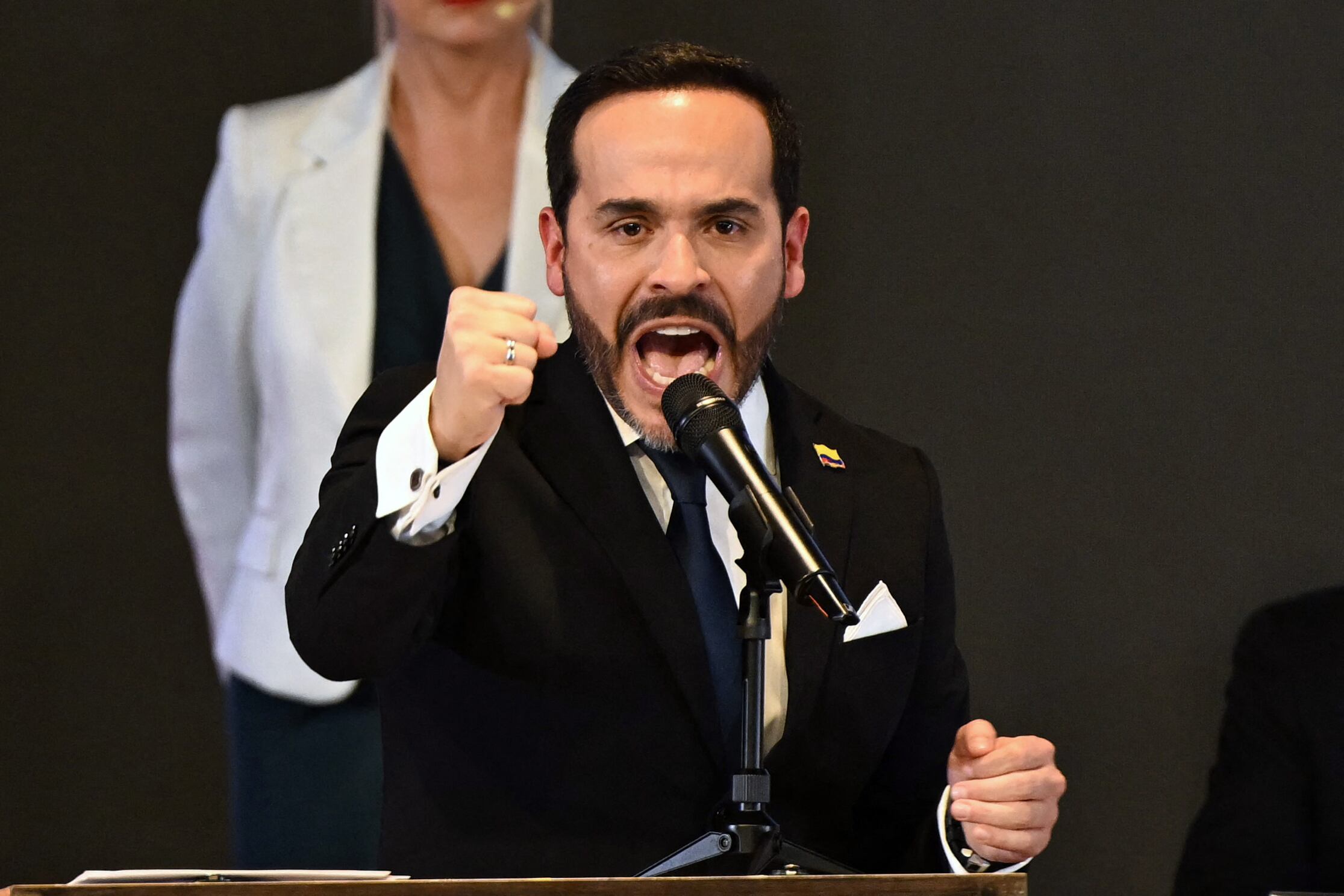 Colombia's President-elect Abelardo de la Espriella speaks after receiving his official credential at the National Registry of Civil Status headquarters in Bogota on June 25, 2026.  (Photo by Luis ACOSTA / AFP)