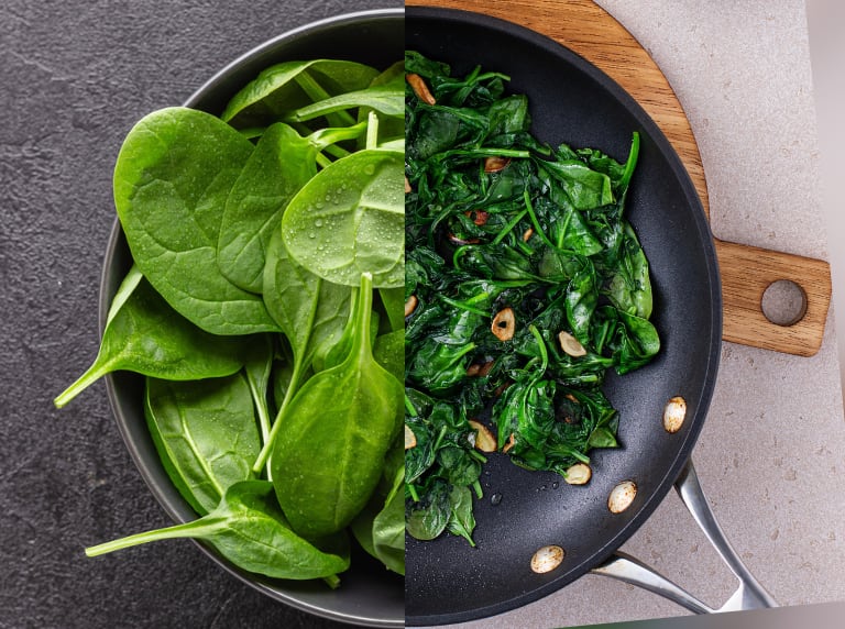 Espinaca cruda, en un recipiente lista para lavarla / Espinaca cocinada con frutos secos en un sartén (Getty Images)