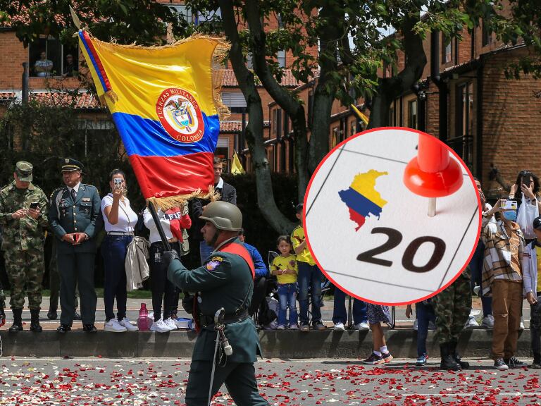 Militar desfilando con la bandera de Colombia y al lado la señalación del día 20 en un calendario (Fotos vía Getty Images)