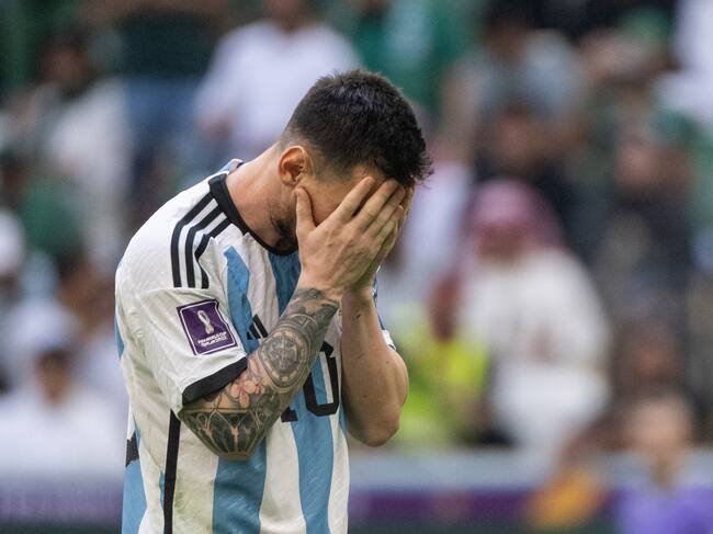 LUSAIL CITY, QATAR - NOVEMBER 22: Lionel Messi of Argentina reacts during the FIFA World Cup Qatar 2022 Group C match between Argentina and Saudi Arabia at Lusail Stadium on November 22, 2022 in Lusail City, Qatar. (Photo by Lionel Hahn/Getty Images)