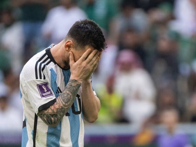 LUSAIL CITY, QATAR - NOVEMBER 22: Lionel Messi of Argentina reacts during the FIFA World Cup Qatar 2022 Group C match between Argentina and Saudi Arabia at Lusail Stadium on November 22, 2022 in Lusail City, Qatar. (Photo by Lionel Hahn/Getty Images)
