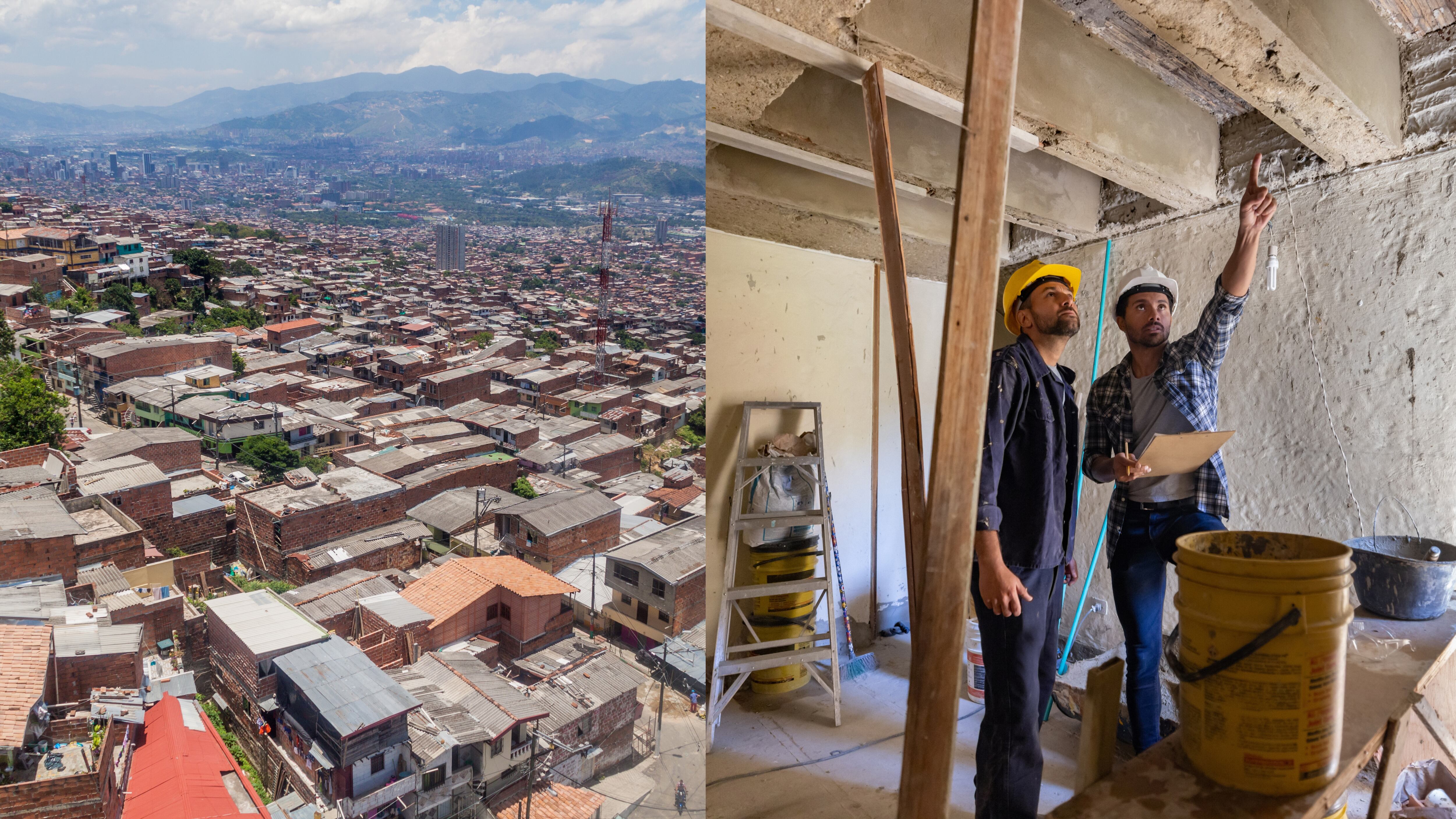 Vista aérea de una zona de Bogotá y trabajadores de construcción revisando una vivienda. (Getty Images)