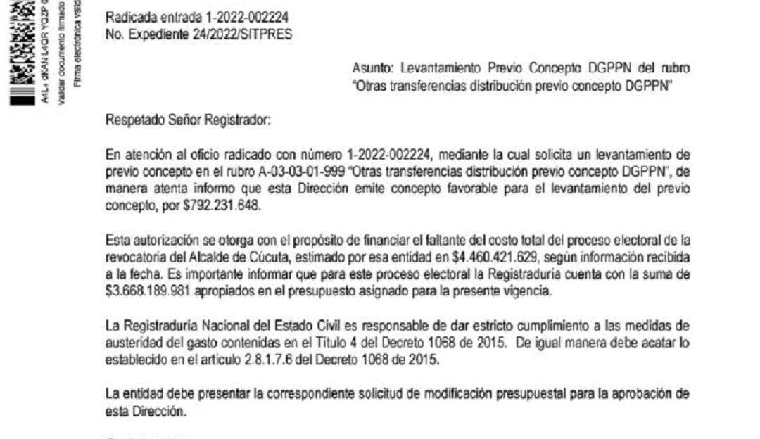 MinHacienda revive revocatoria en Cúcuta