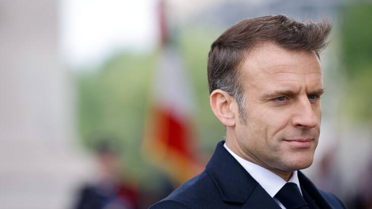Paris (France), 08/05/2024.- French President Emmanuel Macron attends the ceremonies to mark the end of World War II at the Arc de Triomphe, in Paris, France, 08 May 2024. (Francia) EFE/EPA/Johanna Geron / POOL MAXPPP OUT