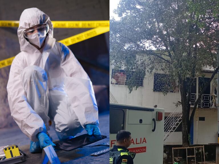 Persona investigando un crimen y al lado el apartamento donde fue hallado el occiso en Las Gaviotas  (Fotos vía Getty Images y Caracol Radio)