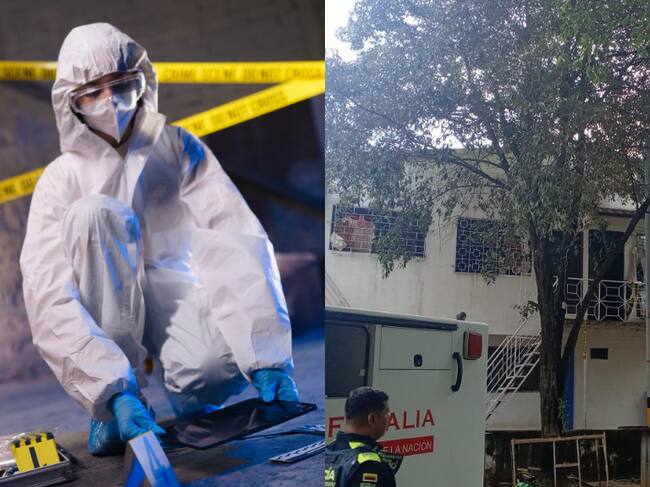Persona investigando un crimen y al lado el apartamento donde fue hallado el occiso en Las Gaviotas (Fotos vía Getty Images y Caracol Radio)