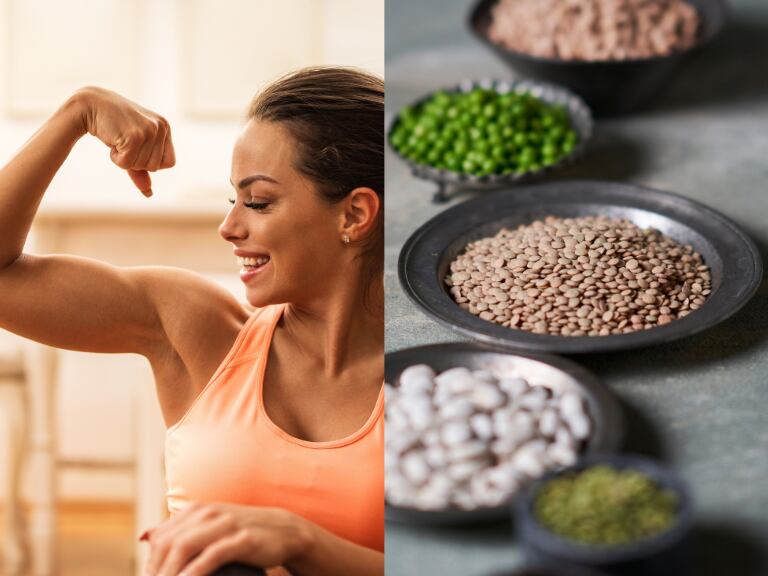 Distintos alimentos de origen vegetal ricos en proteínas y de fondo una persona observabdo sus múculos (Fotos vía Getty Images