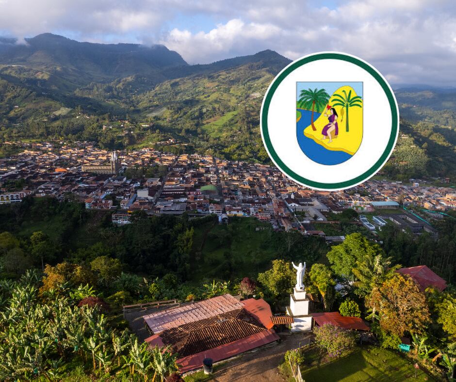 Vista aérea de Jardín y logo de Gobernación de Antioquia (Getty Images)