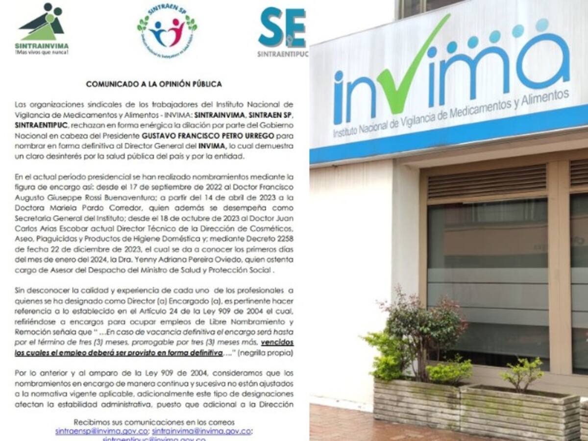 Los sindicatos del Invima le reclamaron al presidente por la falta de un director formal