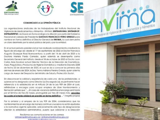 Los sindicatos del Invima le reclamaron al presidente por la falta de un director formal