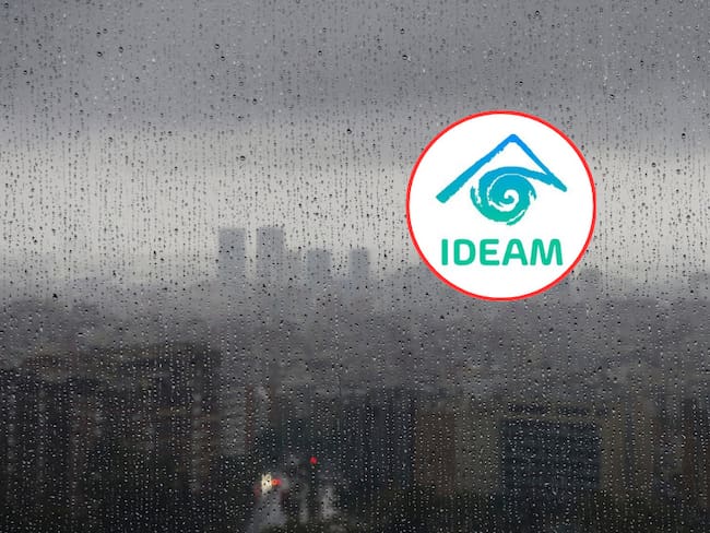 Día lluvioso y al lado el logo del IDEAM (Fotos vía Getty Images y redes sociales del IDEAM).