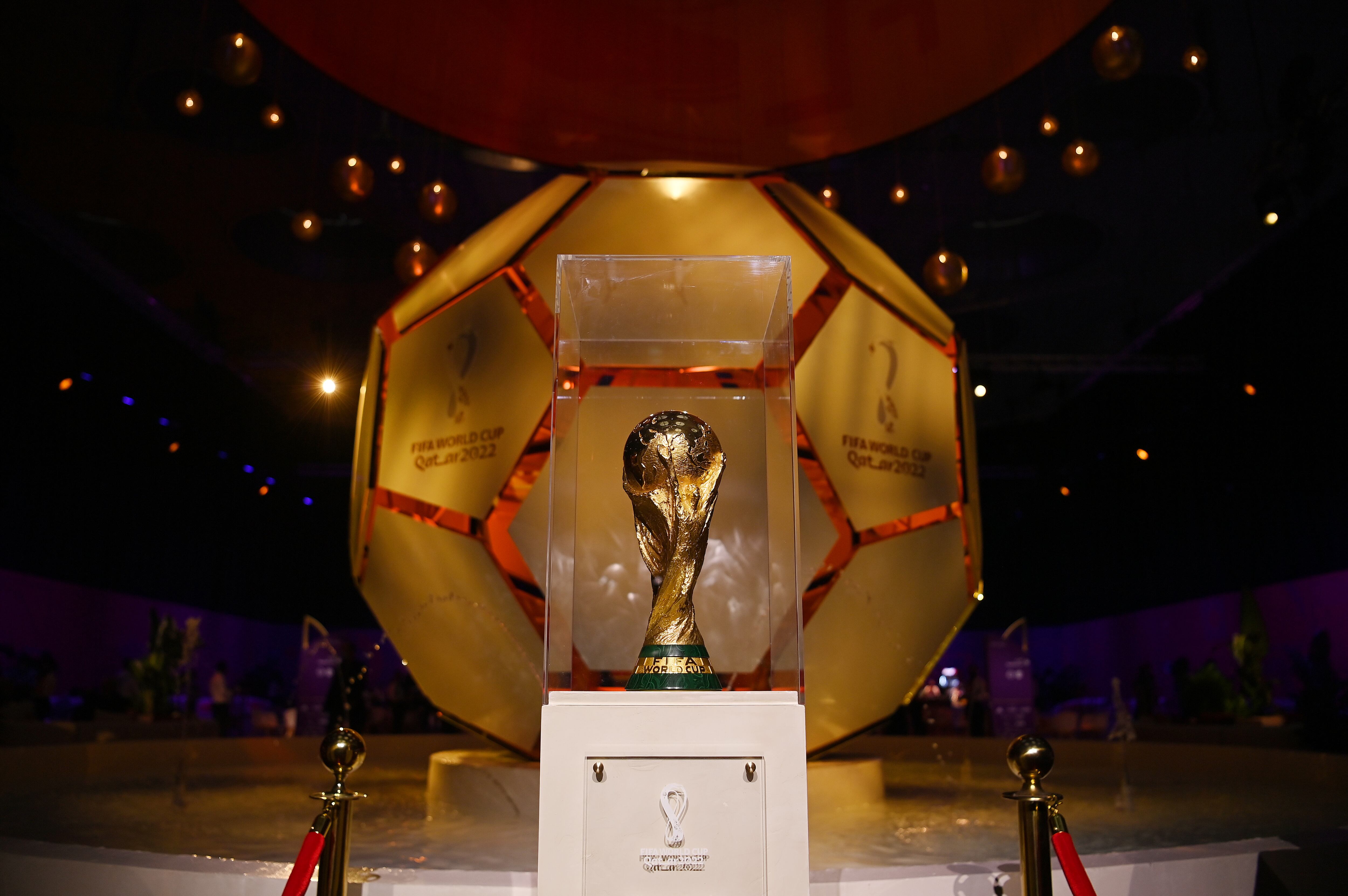 DOHA, QATAR - APRIL 01: A general view of the Fifa World Cup Trophy ahead of the FIFA World Cup Qatar 2022 Final Draw at the Doha Exhibition Center on April 01, 2022 in Doha, Qatar. (Photo by Michael Regan - FIFA/FIFA via Getty Images)