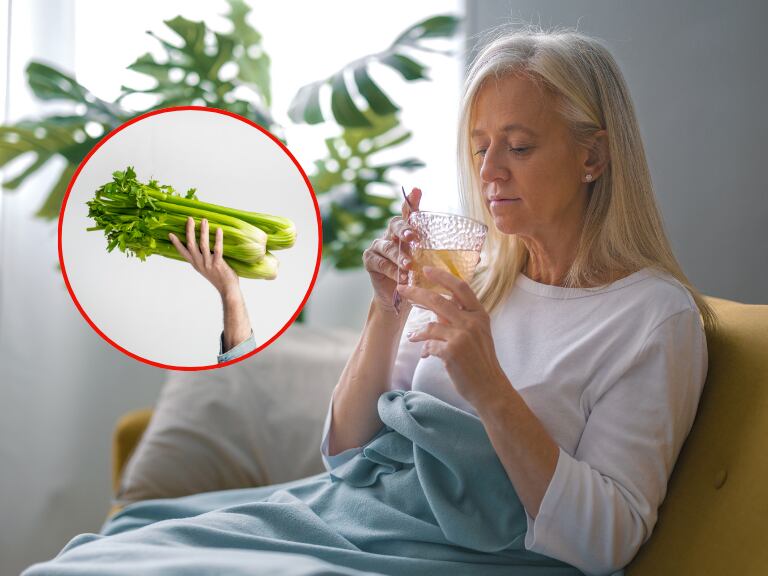 Mujer bebiendo un té y al lado varias ramas de apio (Fotos vía Getty Images)
