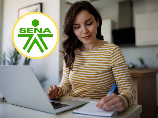 Mujer usando su computador. En el círculo, el logo del SENA (GettyImages / Redes sociales)