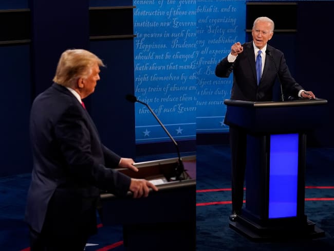 El presidente de Estados Unidos, Joe Biden, señala al expresidente Donald Trump durante un debate.
(Foto: Getty / Caracol Radio )