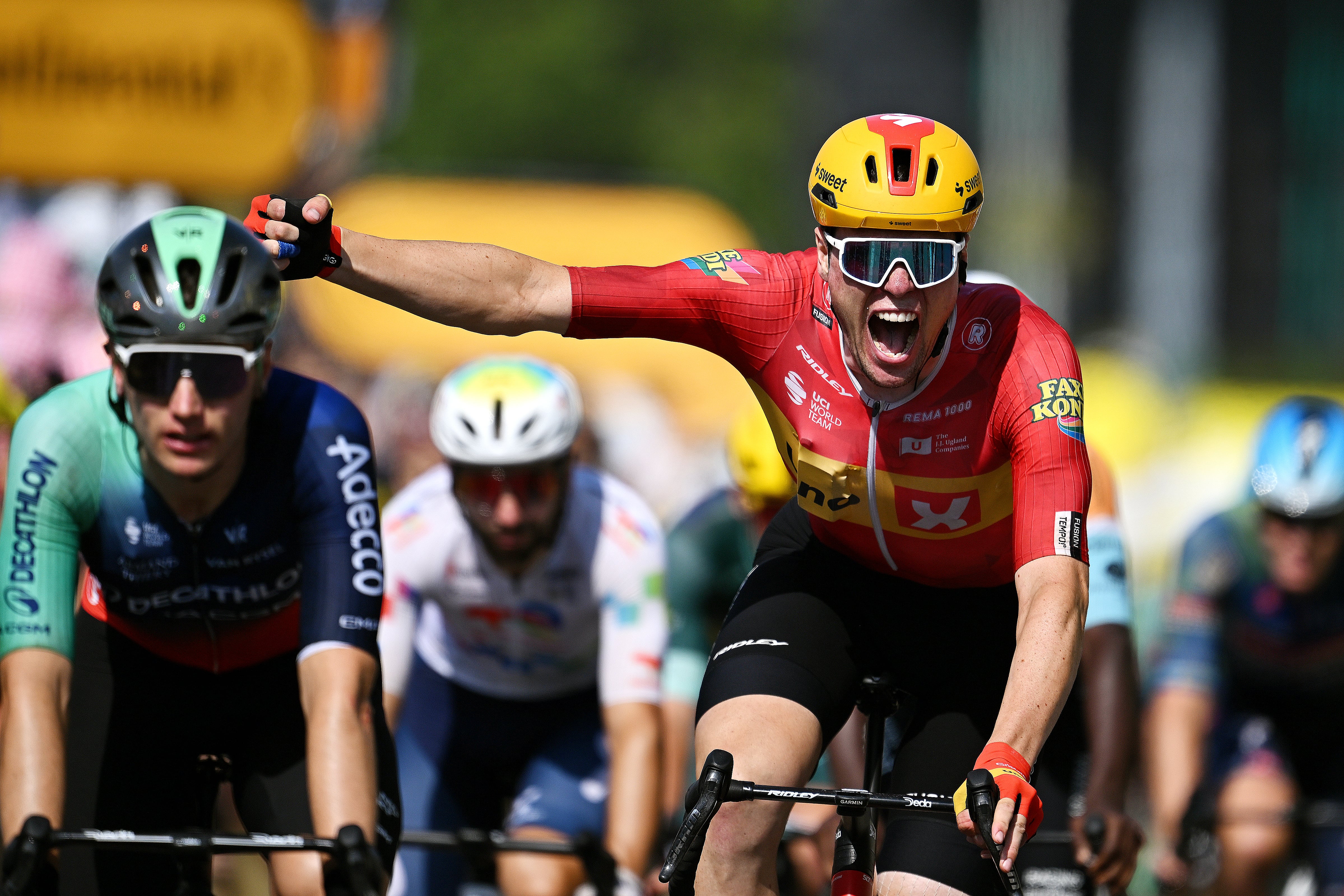 NEVERS, FRANCE - JULY 15: Soren Waerenskjold of Norway and Team Uno-X Mobility celebrates at finish line as stage winner during the 113th Tour de France 2026, Stage 11 a 161.3km stage from Vichy to Nevers / #UCIWT / on July 15, 2026 in Nevers, France. (Photo by Dario Belingheri/Getty Images)