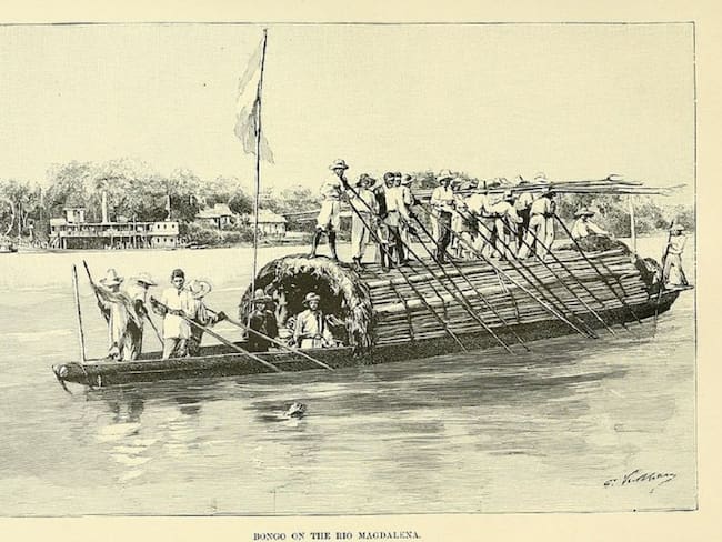 Bongo con su tripulación y pasajeros sobre el Río Magdalena